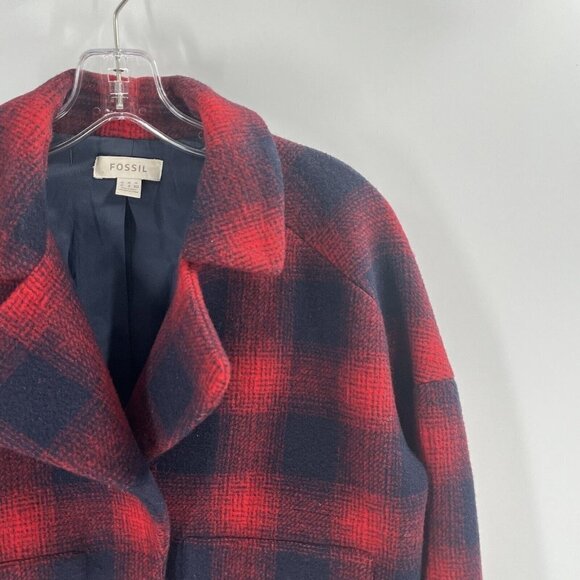 Fossil Red Navy Buffalo Check Plaid Wool Blend Jacket Snap Closure Sz 0 - Picture 3 of 6